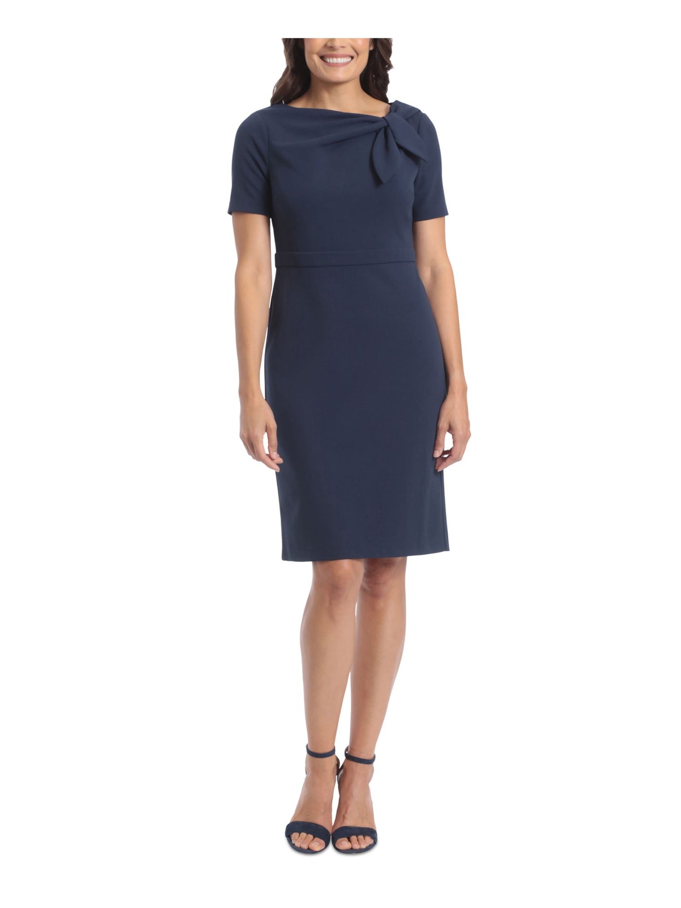 LONDON TIMES PETITES Womens Navy Zippered Short Sleeve Tie Neck Above The Knee Wear To Work Sheath Dress Petites 10P