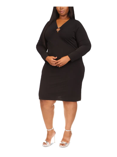 MICHAEL MICHAEL KORS Womens Black Unlined Gathered Pullover O-ring Detail Long Sleeve V Neck Knee Length Shift Dress Plus 1X
