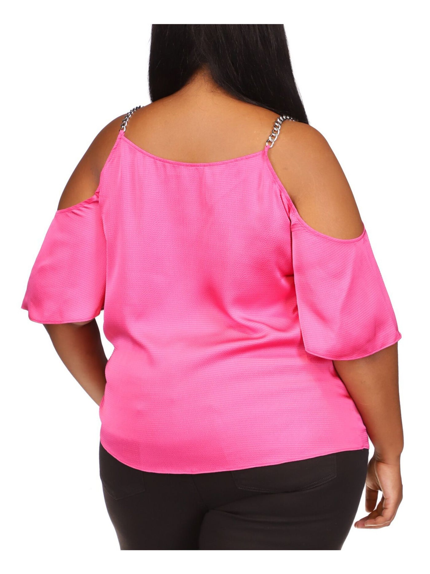 MICHAEL MICHAEL KORS Womens Pink Cold Shoulder Chain Straps Flutter Sleeve V Neck Top Plus 1X