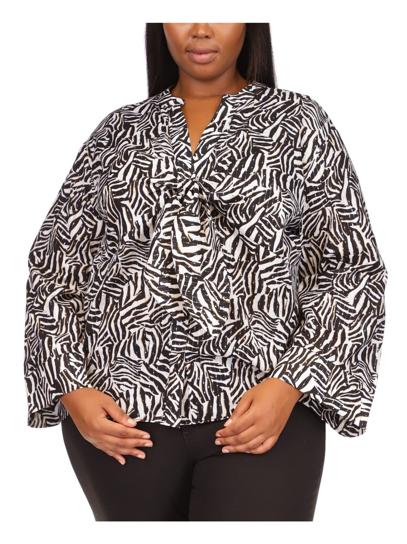 MICHAEL MICHAEL KORS Womens Black Rhinestone Animal Print Long Sleeve Collared Wear To Work Button Up Top Plus 2X