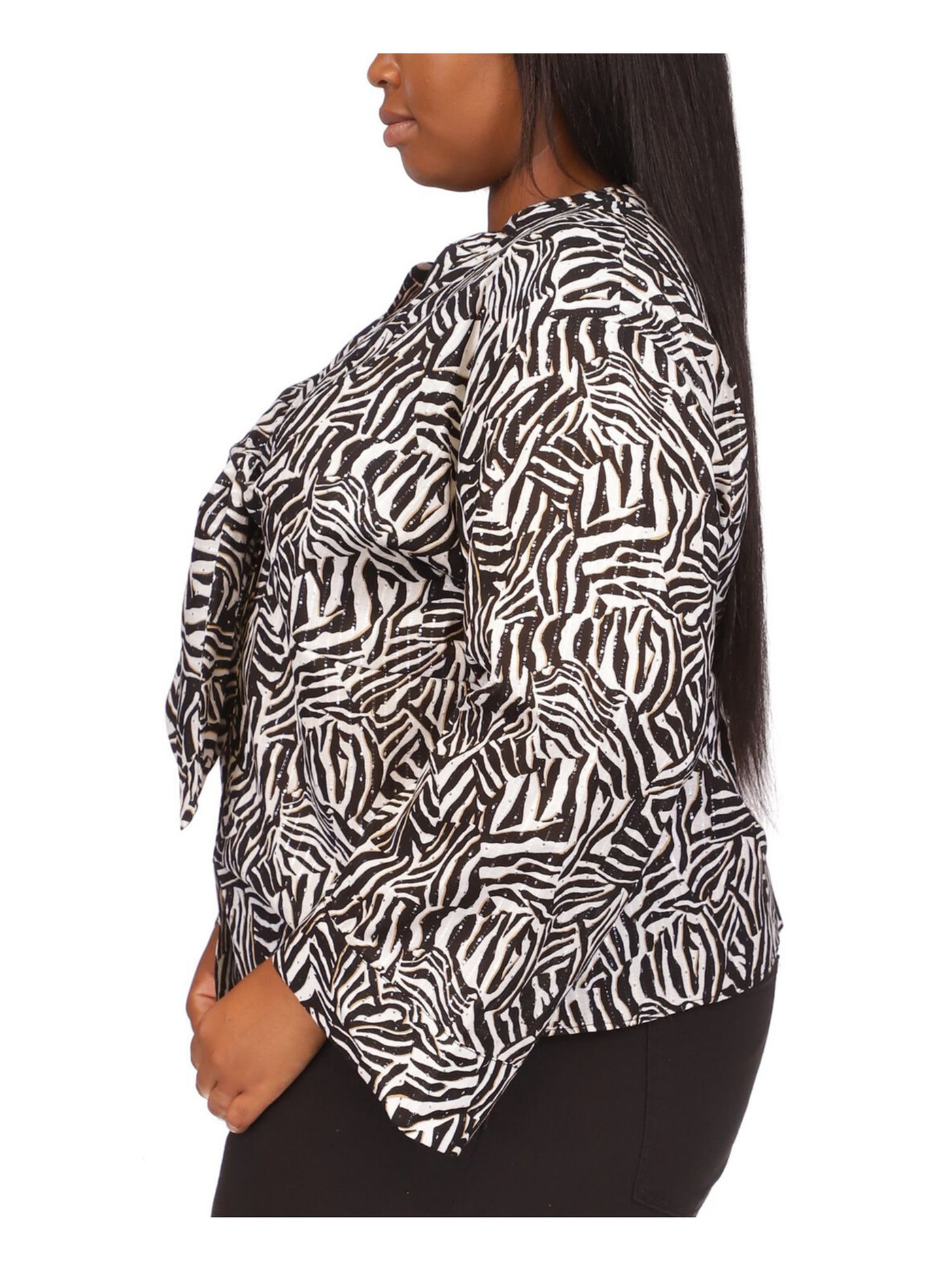 MICHAEL MICHAEL KORS Womens Black Rhinestone Animal Print Long Sleeve Collared Wear To Work Button Up Top Plus 2X