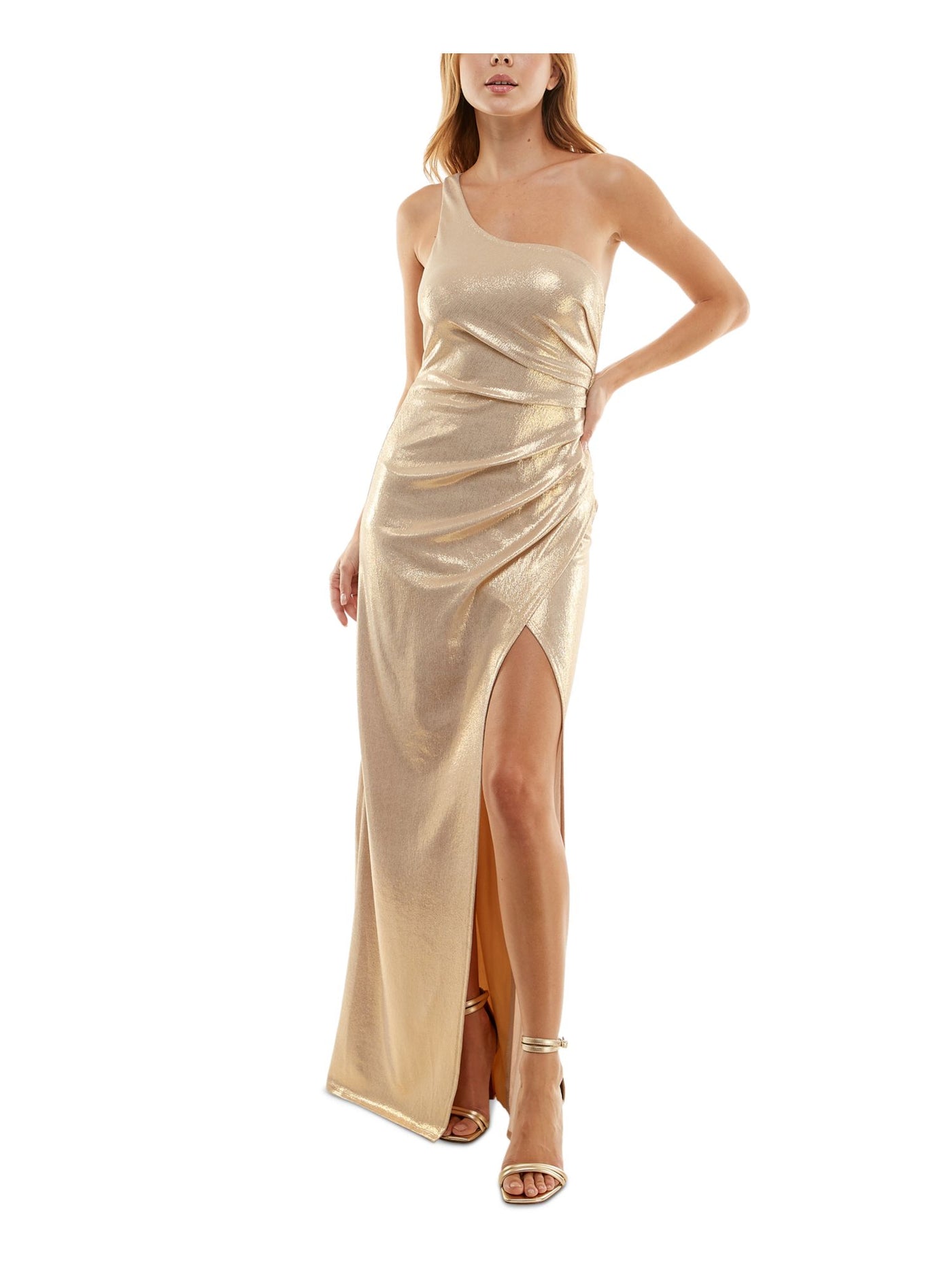 CITY STUDIO Womens Gold Ruched Zippered Slit Lined Open Strappy Back Sleeveless Asymmetrical Neckline Full-Length Party Gown Dress Juniors 1