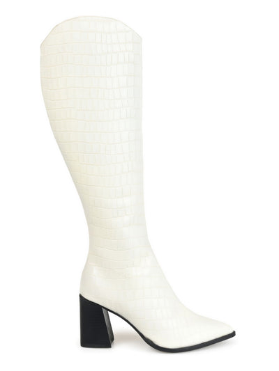 JOURNEE SIGNATURE Womens Ivory Solid Croc Curved Cushioned Laila Pointed Toe Flare Zip-Up Leather Dress Western Boot 7.5 M