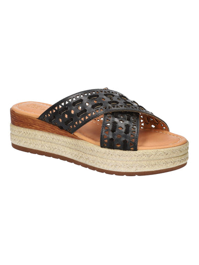 BELLA VITA Womens Black Mixed Media 1" Platform Crossover Strap Cut Out Padded Exa-italy Almond Toe Wedge Slip On Leather Espadrille Shoes 9 N