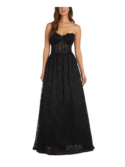 MORGAN & CO Womens Black Glitter Zippered Floral Sleeveless Sweetheart Neckline Full-Length Prom Gown Dress Juniors 1