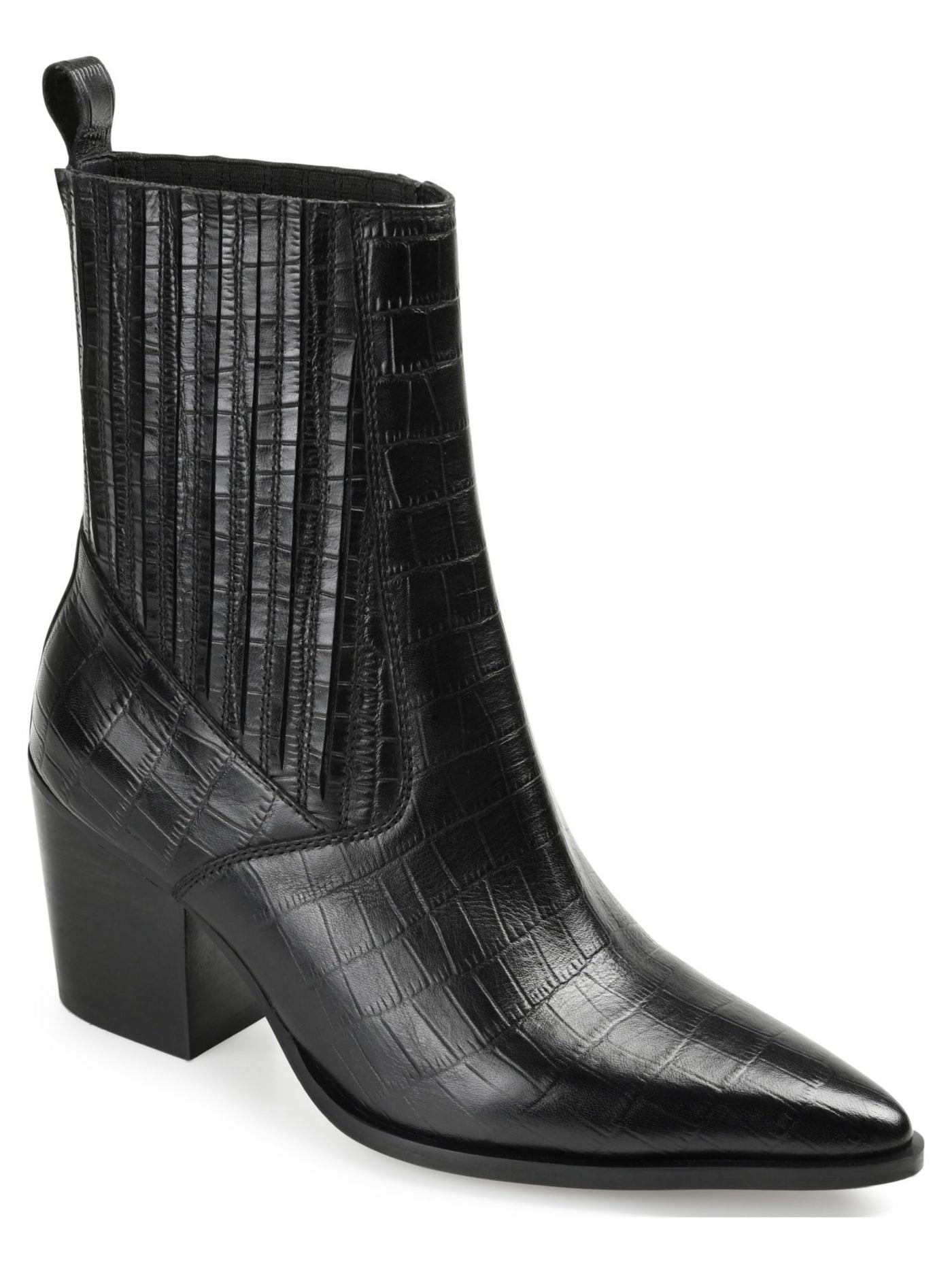 JOURNEE COLLECTION Womens Black Solid Croc Heel Pull-Tab Goring Cushioned Markka Pointed Toe Block Heel Leather Western Boot 9 M