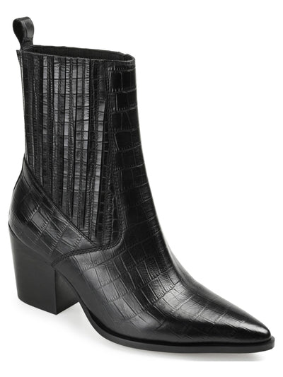 JOURNEE COLLECTION Womens Black Solid Croc Heel Pull-Tab Goring Cushioned Markka Pointed Toe Block Heel Leather Western Boot 9 M
