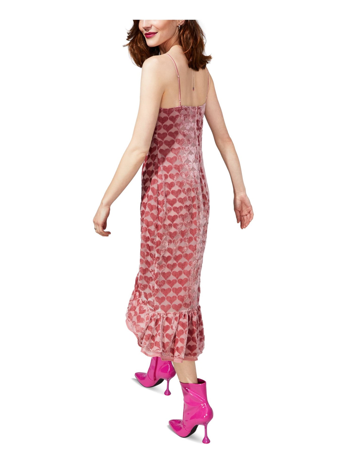 BETSEY JOHNSON Womens Pink Zippered Lined Adjustable Ruffled Spaghetti Strap V Neck Tea-Length Empire Waist Dress 6