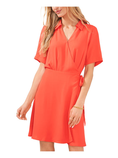 VINCE CAMUTO Womens Coral Pleated Lined Elastic Tie Waist Short Sleeve Collared Above The Knee Wrap Dress XS