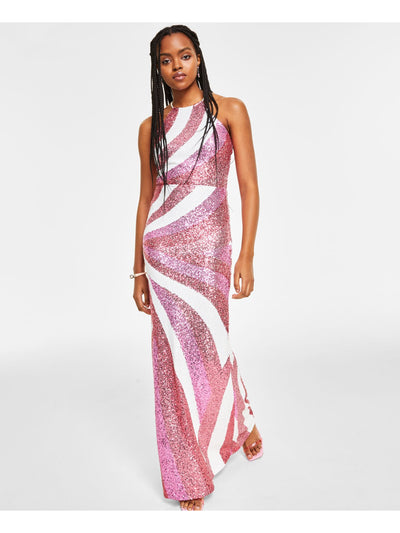 B DARLIN Womens Sequined Sleeveless Fitted Strappy Back Halter Party Gown Dress