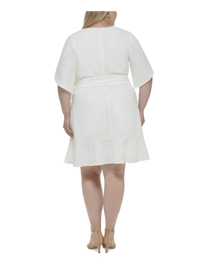 DKNY Womens Ivory Zippered Short Sleeve Surplice Neckline Above The Knee Wear To Work Shift Dress Plus 22W