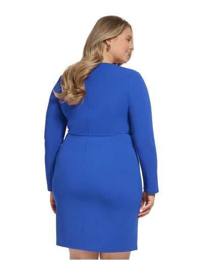 DKNY Womens Blue Zippered Twist Front Ruched Overlapping Skirt Long Sleeve Surplice Neckline Above The Knee Wear To Work Sheath Dress Plus 18W