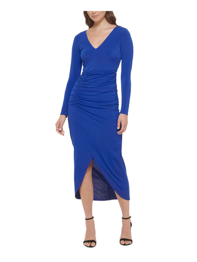GUESS Womens Blue Zippered Long Sleeve V Neck Tea-Length Wear To Work Tulip Dress 6