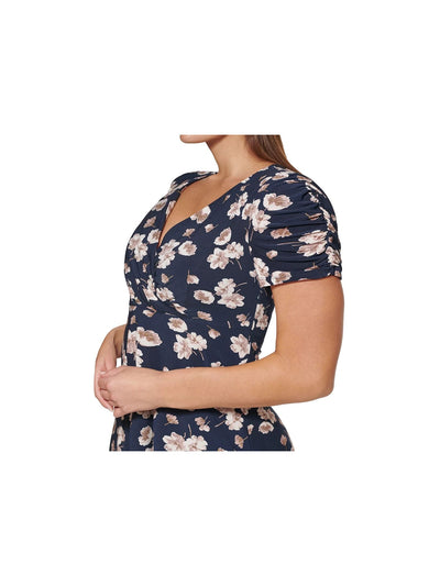 TOMMY HILFIGER Womens Navy Zippered Unlined Floral Short Sleeve V Neck Above The Knee Shift Dress Plus 16W