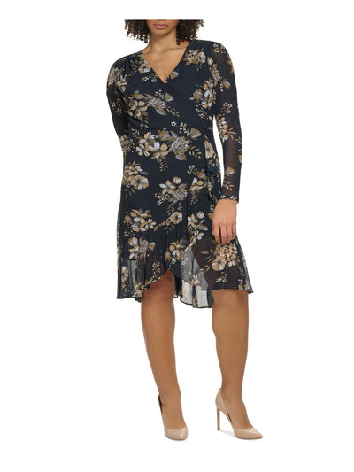 TOMMY HILFIGER Womens Navy Zippered Lined Floral Long Sleeve Surplice Neckline Below The Knee Party Faux Wrap Dress Plus 16W