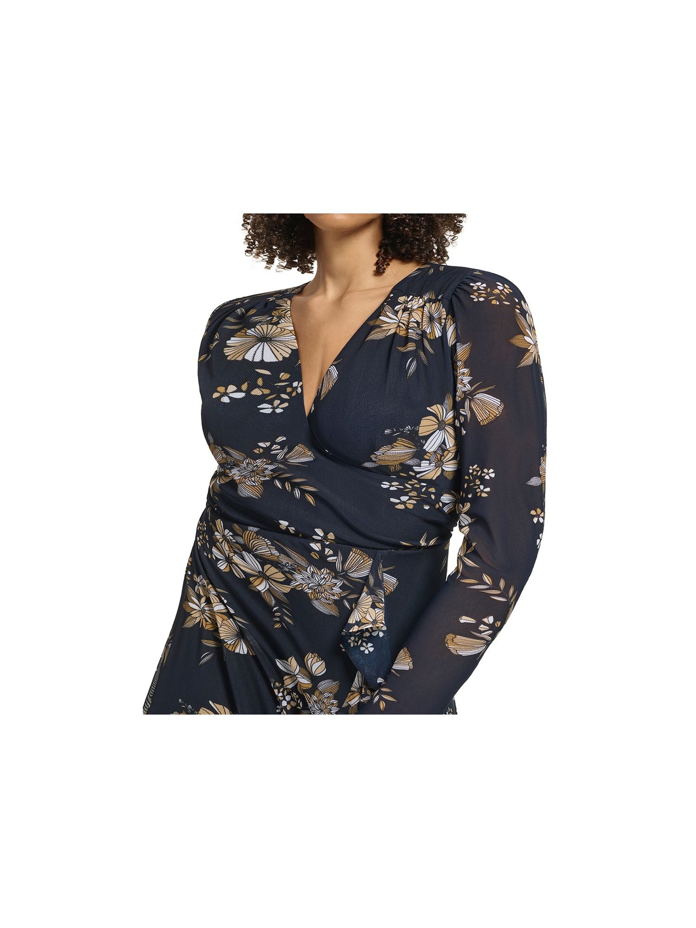 TOMMY HILFIGER Womens Navy Zippered Lined Floral Long Sleeve Surplice Neckline Below The Knee Party Faux Wrap Dress Plus 16W