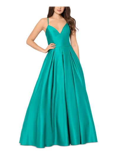 BLONDIE NITES Womens Teal Zippered Pleated Lace-up Back Pocketed Lined Spaghetti Strap V Neck Full-Length Prom Gown Dress Juniors 3
