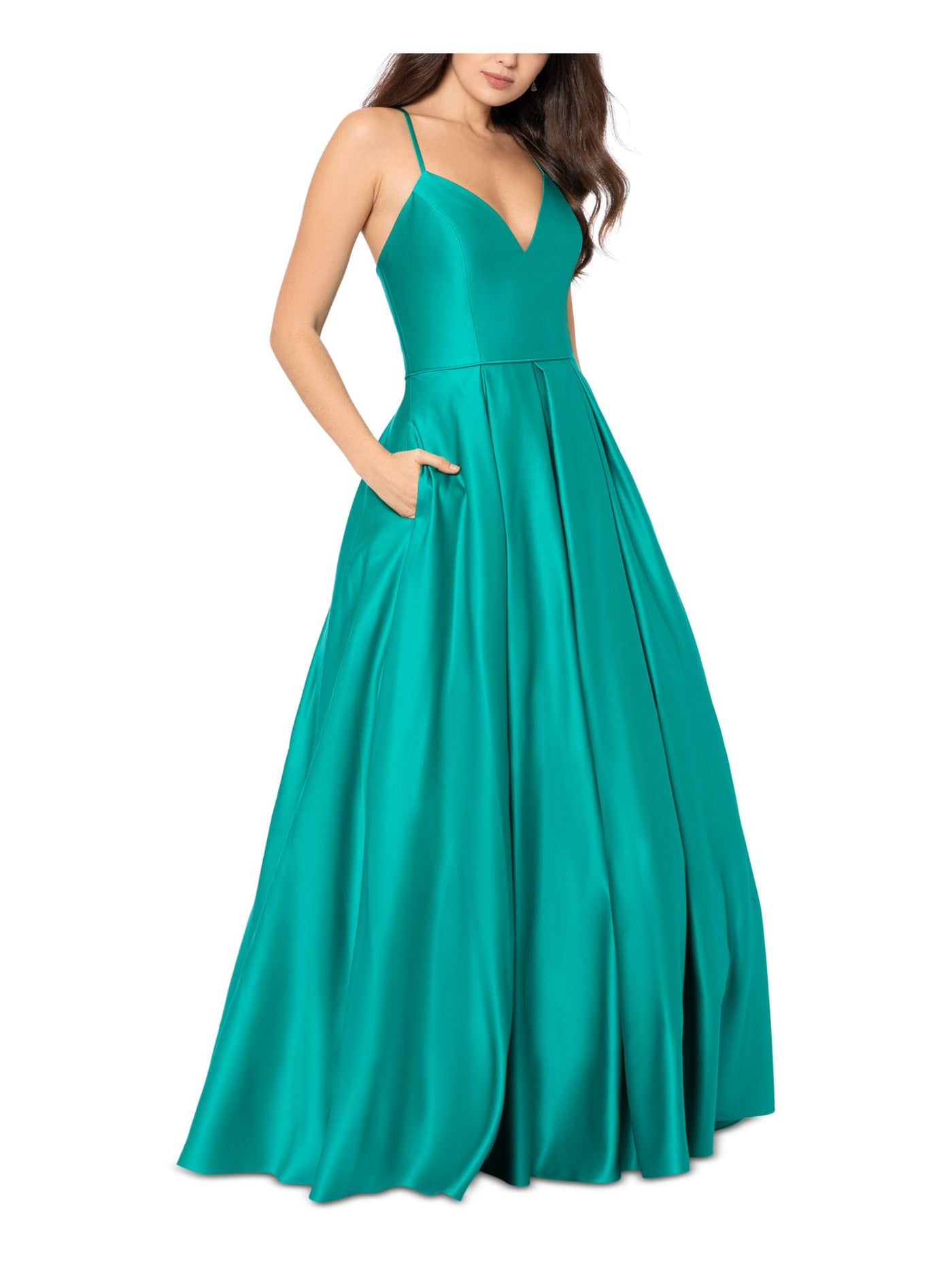 BLONDIE NITES Womens Teal Zippered Pleated Lace-up Back Pocketed Lined Spaghetti Strap V Neck Full-Length Prom Gown Dress Juniors 3