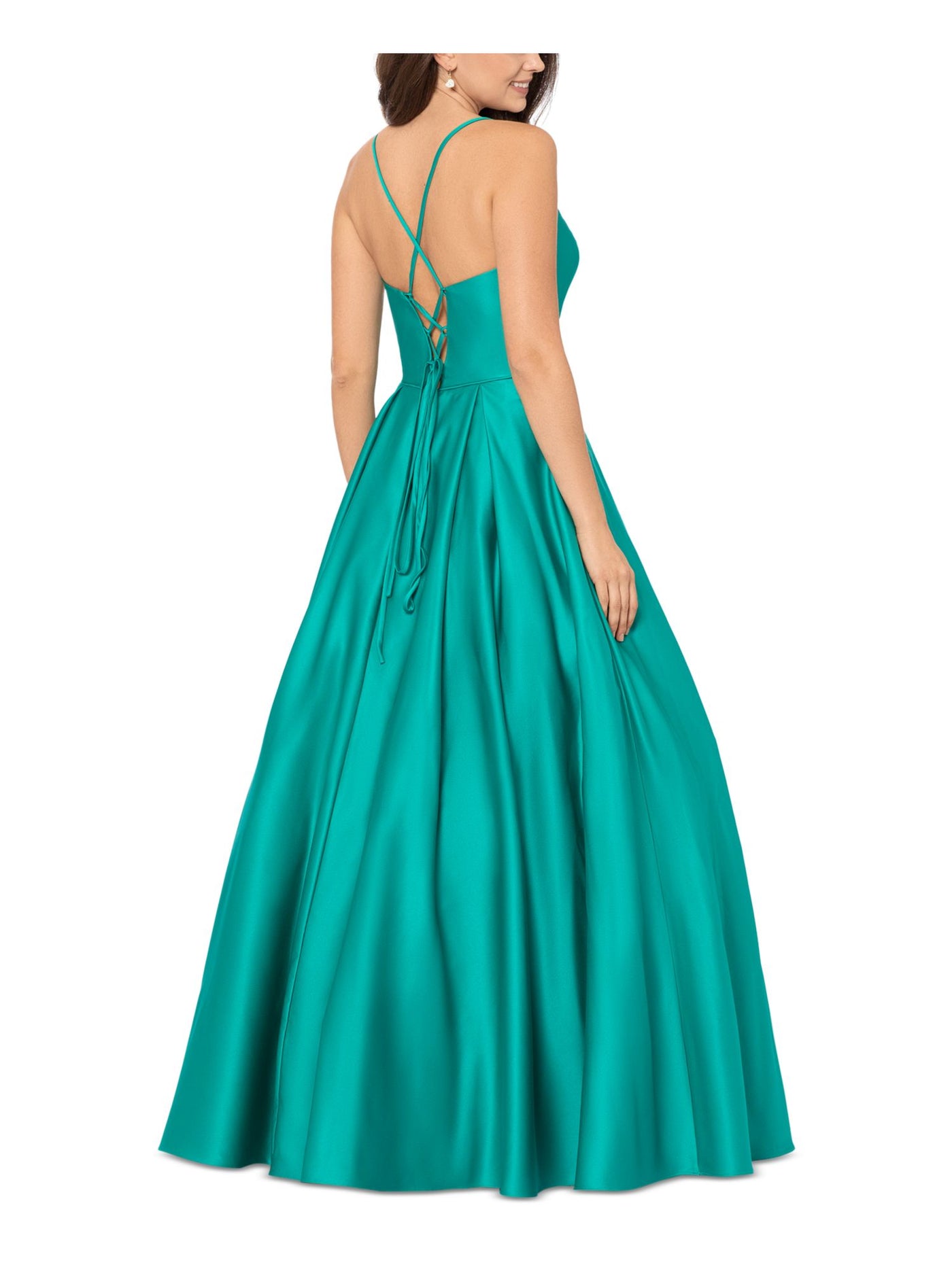 BLONDIE NITES Womens Teal Zippered Pleated Lace-up Back Pocketed Lined Spaghetti Strap V Neck Full-Length Prom Gown Dress Juniors 7