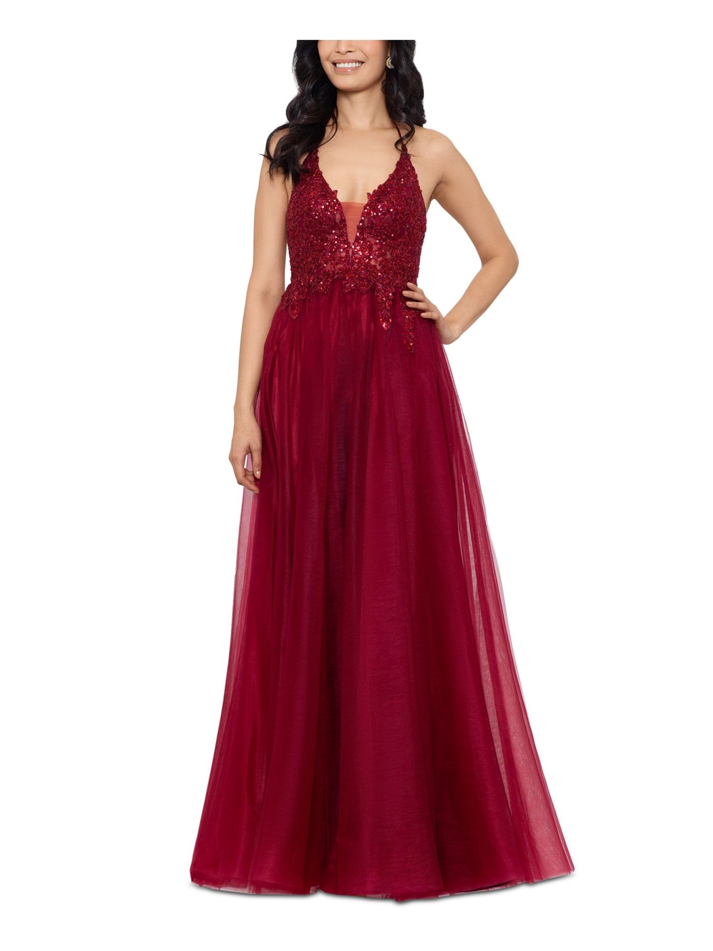 BLONDIE NITES Womens Red Sequined Zippered Lined Sleeveless V Neck Full-Length Prom Gown Dress Juniors 5