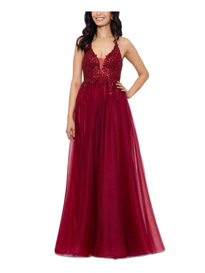 BLONDIE NITES Womens Red Sequined Zippered Lined Sleeveless V Neck Full-Length Prom Gown Dress Juniors 11
