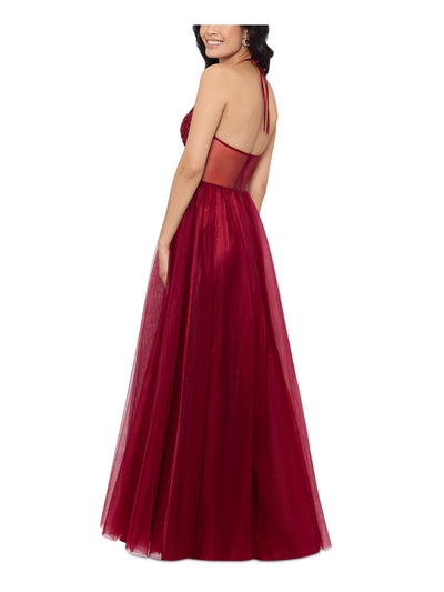 BLONDIE NITES Womens Red Sequined Zippered Lined Sleeveless V Neck Full-Length Prom Gown Dress Juniors 7