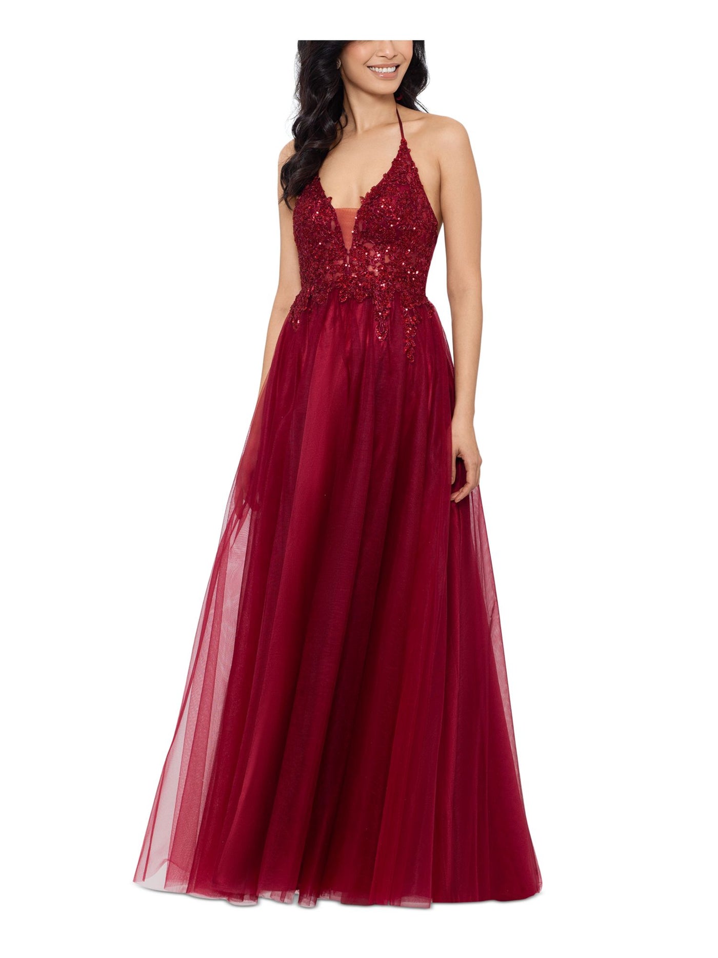 BLONDIE NITES Womens Maroon Sequined Zippered Lined Sleeveless V Neck Full-Length Prom Gown Dress 15