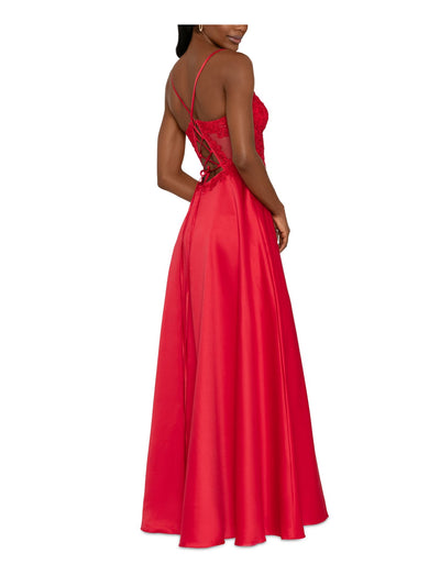 BLONDIE NITES Womens Red Embellished Zippered Padded Lace Up Back Slit Lined Spaghetti Strap Sweetheart Neckline Full-Length Formal Gown Dress Juniors 7