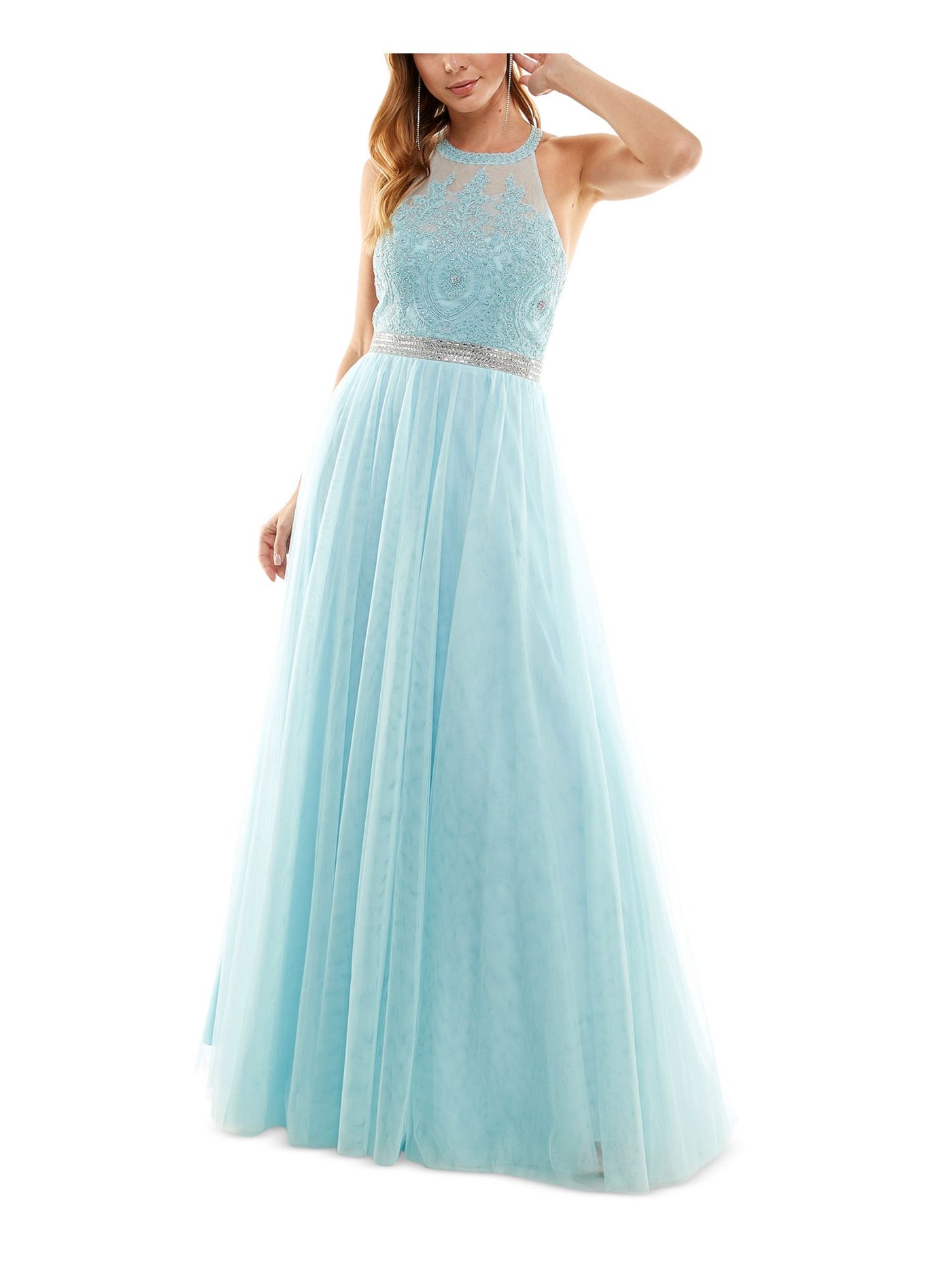 CITY STUDIO Womens Light Blue Zippered Embellished Sheer Tulle Mesh Strappy Back Floral Sleeveless Halter Full-Length Party Gown Dress 3