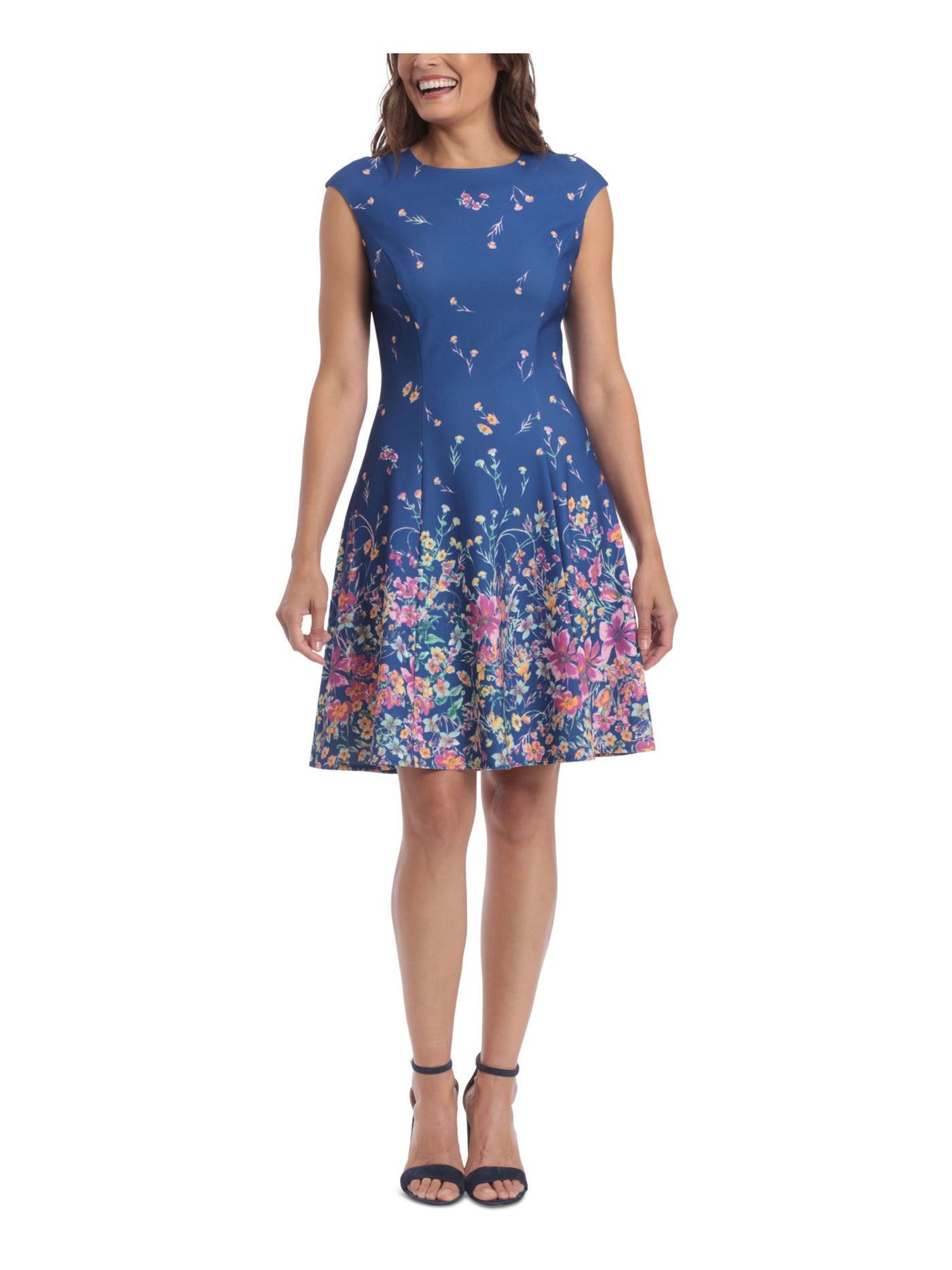 LONDON TIMES Womens Blue Zippered Floral Cap Sleeve Round Neck Above The Knee Wear To Work Fit + Flare Dress 4