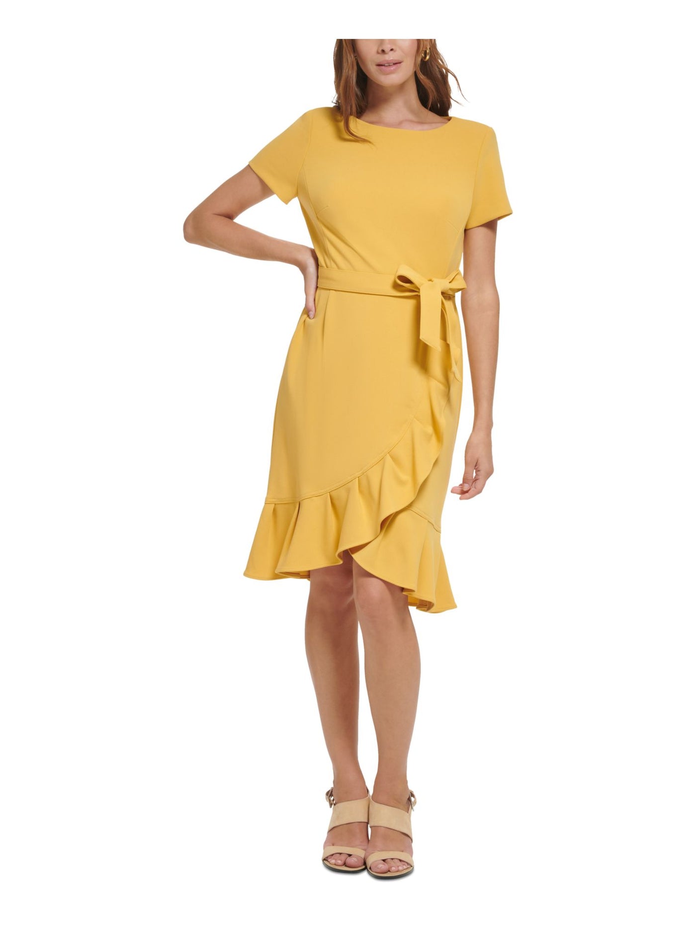 CALVIN KLEIN Womens Yellow Zippered Unlined Tie Belt Wrap Look Darted Short Sleeve Round Neck Knee Length Wear To Work Fit + Flare Dress 10