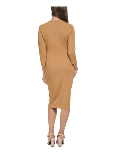 CALVIN KLEIN Womens Beige Pleated Zippered Asymmetrical Zip Detail 3/4 Sleeve Jewel Neck Knee Length Party Body Con Dress 6