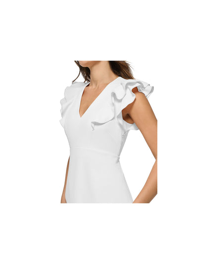 TOMMY HILFIGER Womens White Zippered Flutter Sleeve V Neck Above The Knee Party Fit + Flare Dress 14