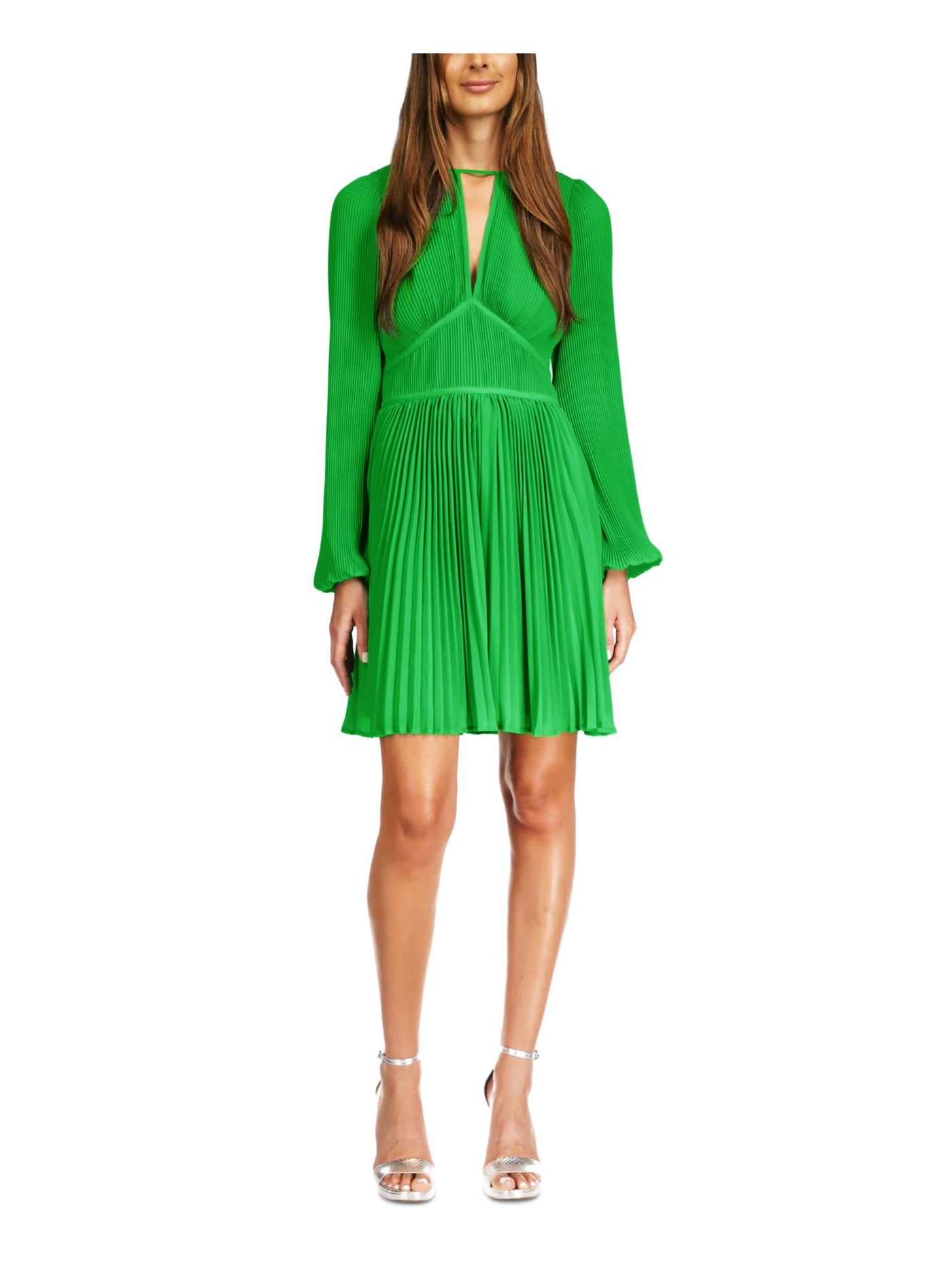 MICHAEL MICHAEL KORS Womens Green Pleated Zippered Lined Long Sleeve Keyhole Mini Party Fit + Flare Dress S