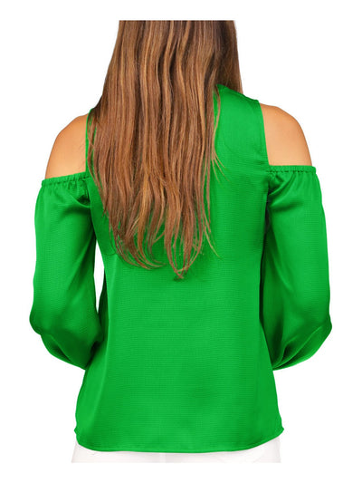MICHAEL MICHAEL KORS Womens Green Cold Shoulder Textured Keyhole Back Long Sleeve Crew Neck Top S