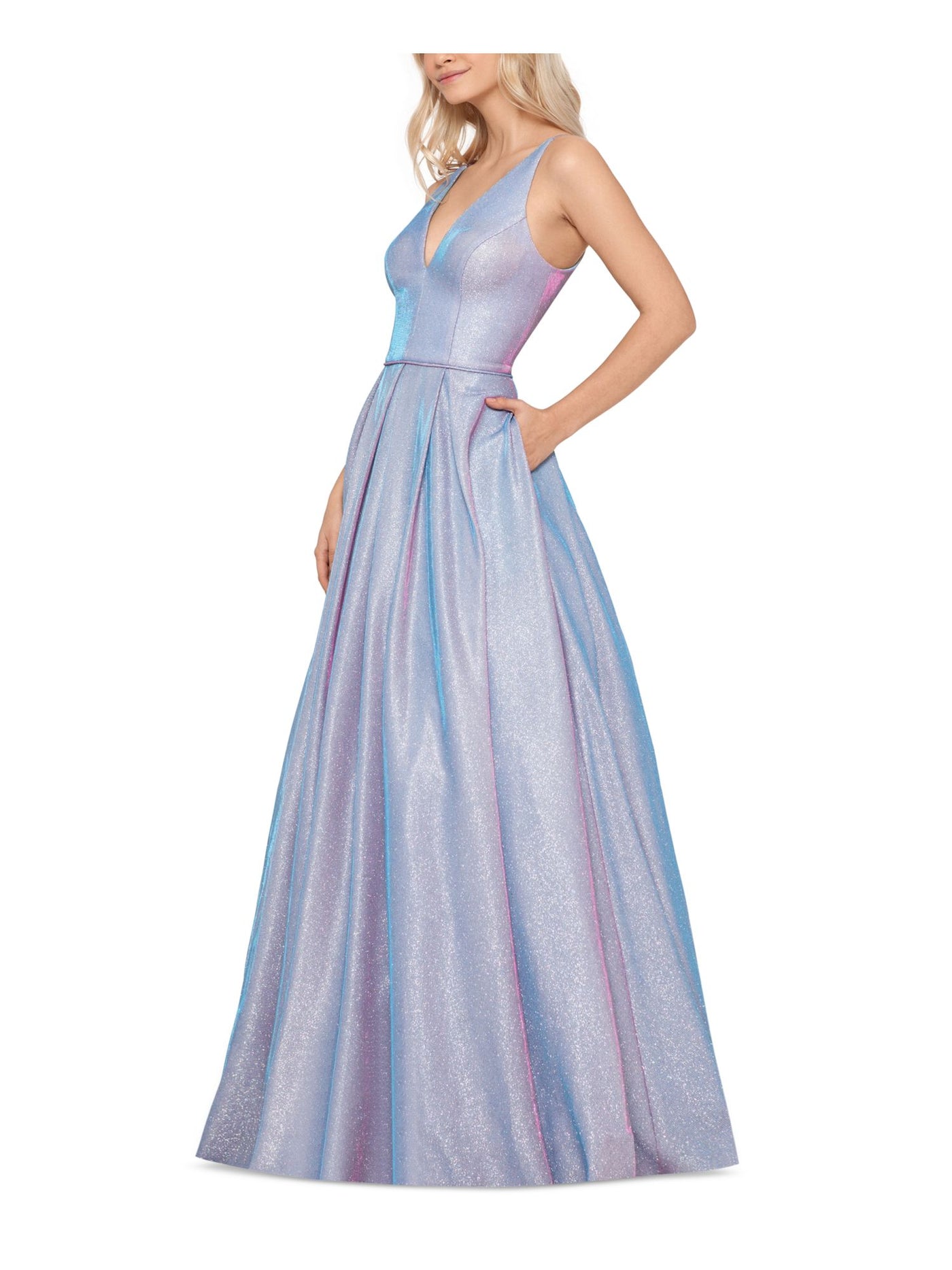 BLONDIE NITES Womens Light Blue Zippered Pleated Pocketed Lined Sleeveless V Neck Full-Length Formal Gown Dress 7