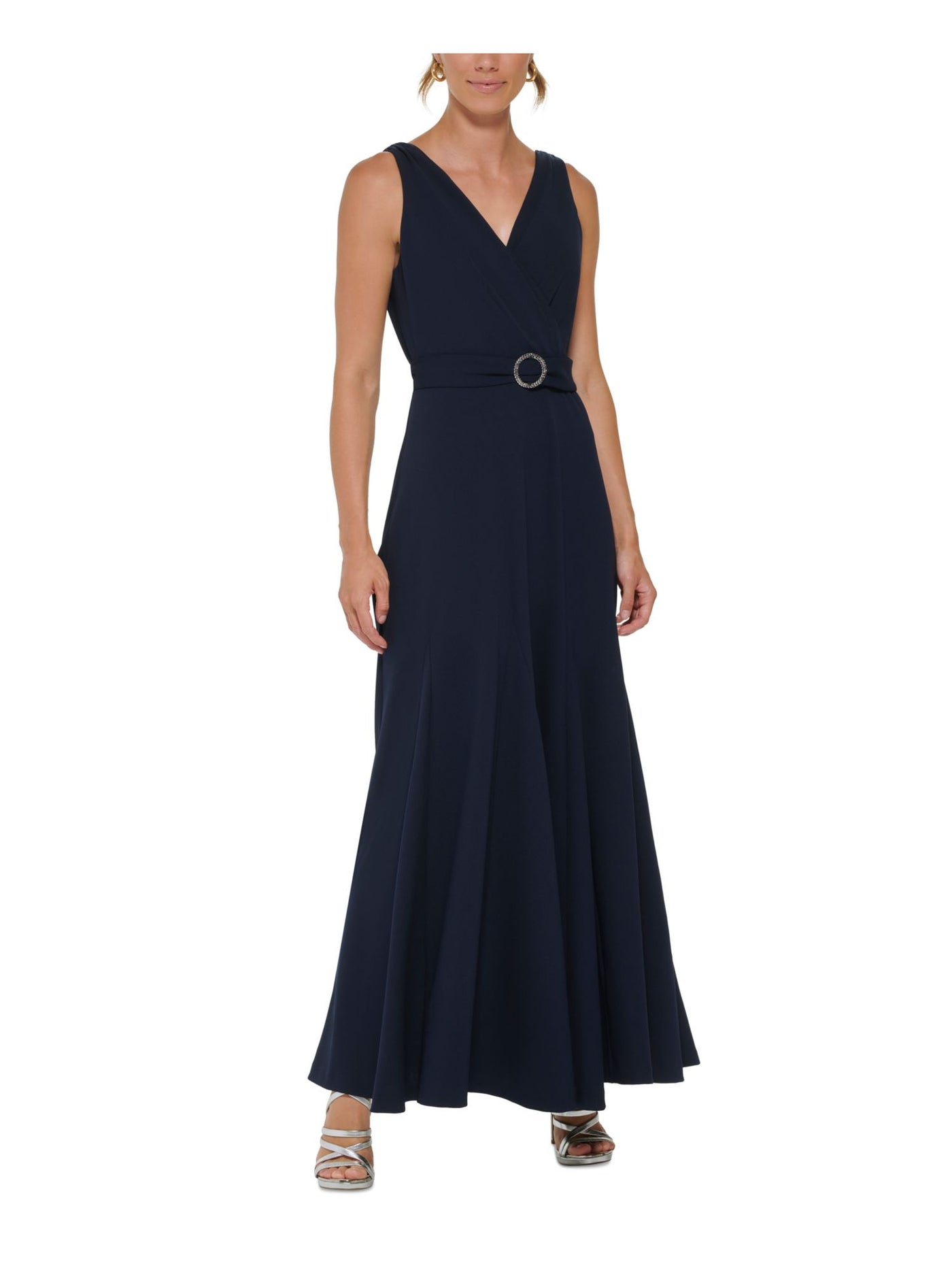 DKNY Womens Navy Zippered Belted Pleated Lined Bodice Godets Sleeveless V Neck Full-Length Formal Gown Dress 8