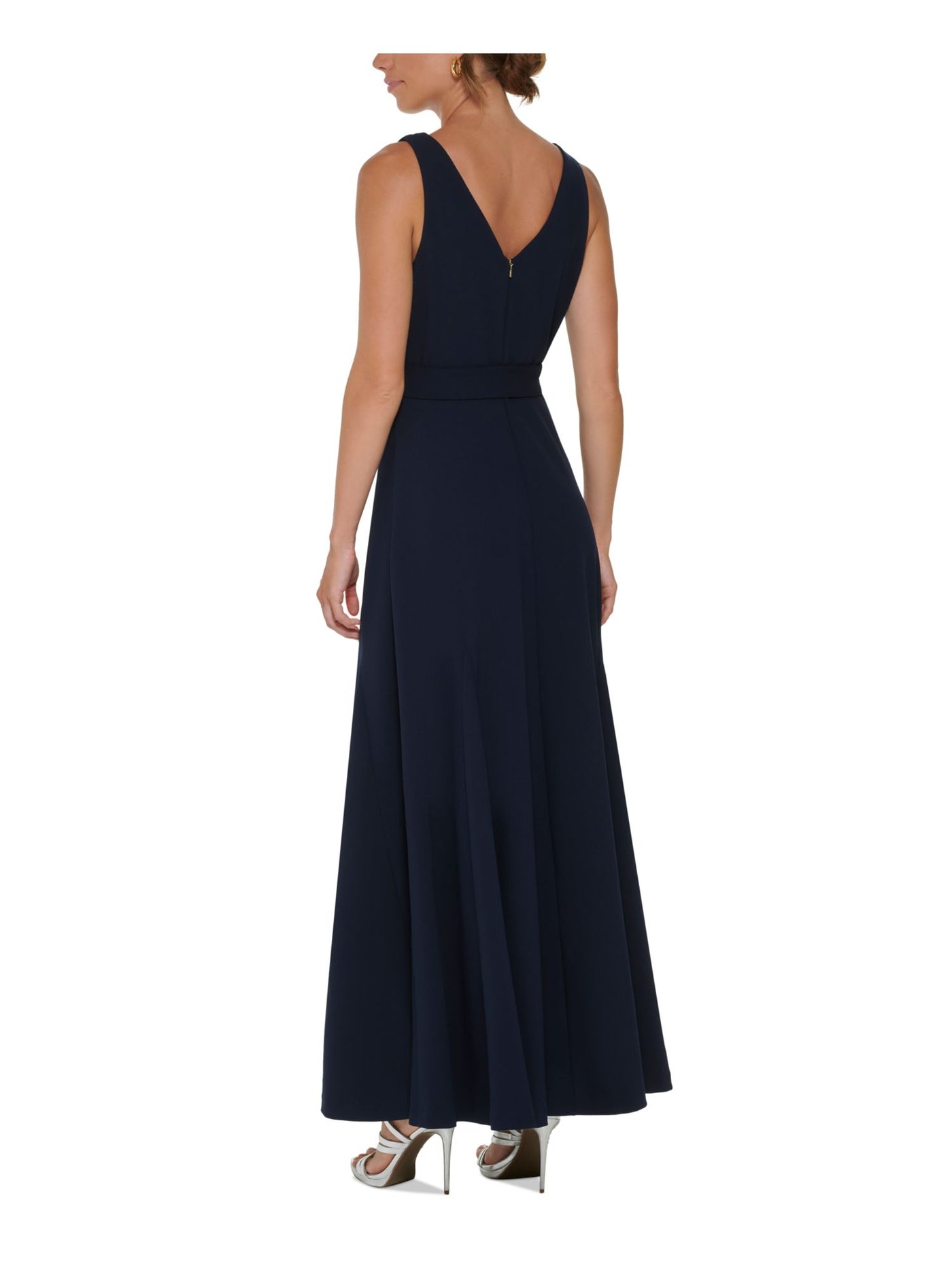 DKNY Womens Navy Zippered Belted Pleated Lined Bodice Godets Sleeveless V Neck Full-Length Formal Gown Dress 10
