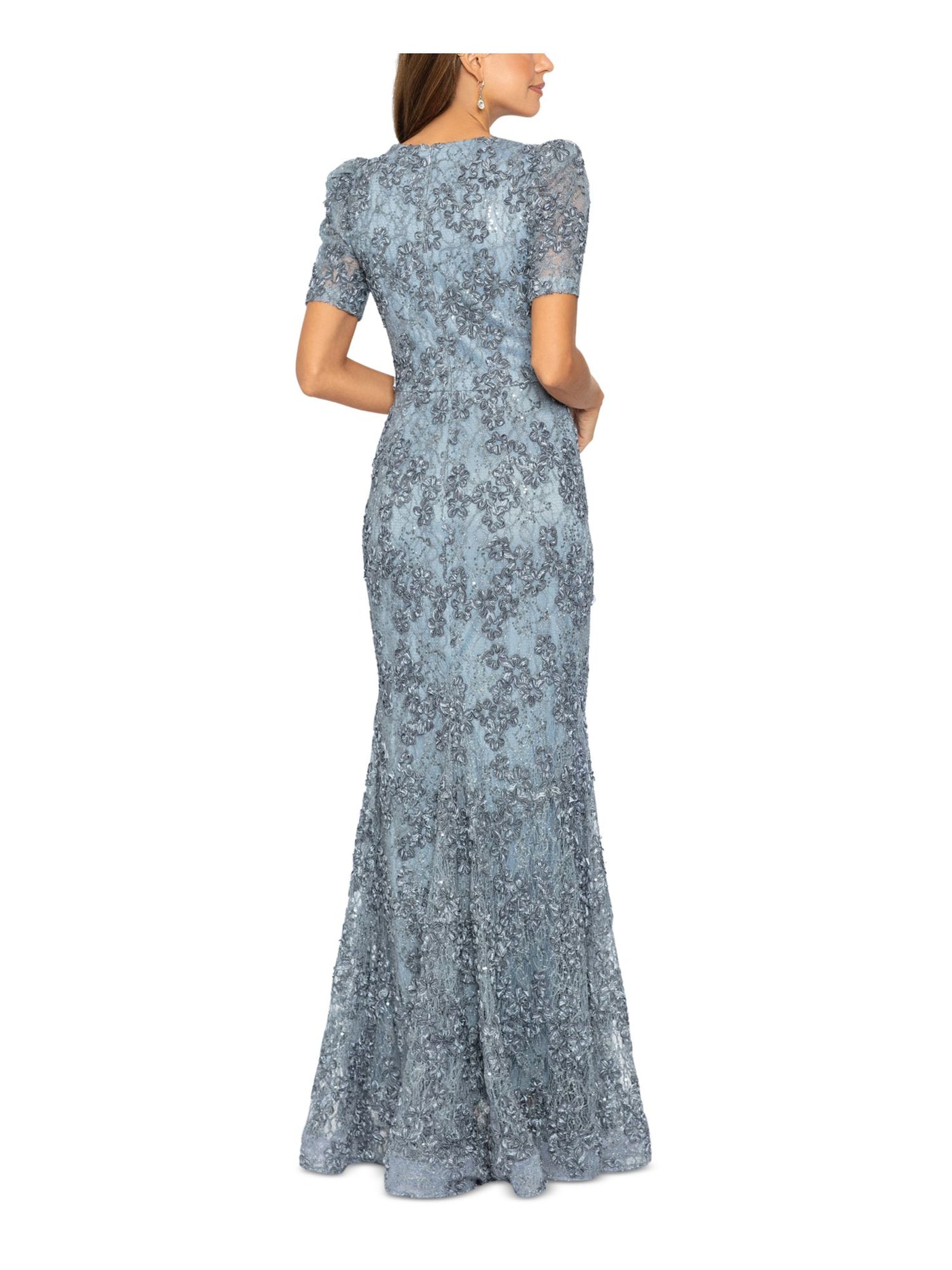 XSCAPE Womens Gray Sequined Zippered Lined Pouf Sleeve V Neck Full-Length Formal Gown Dress 4