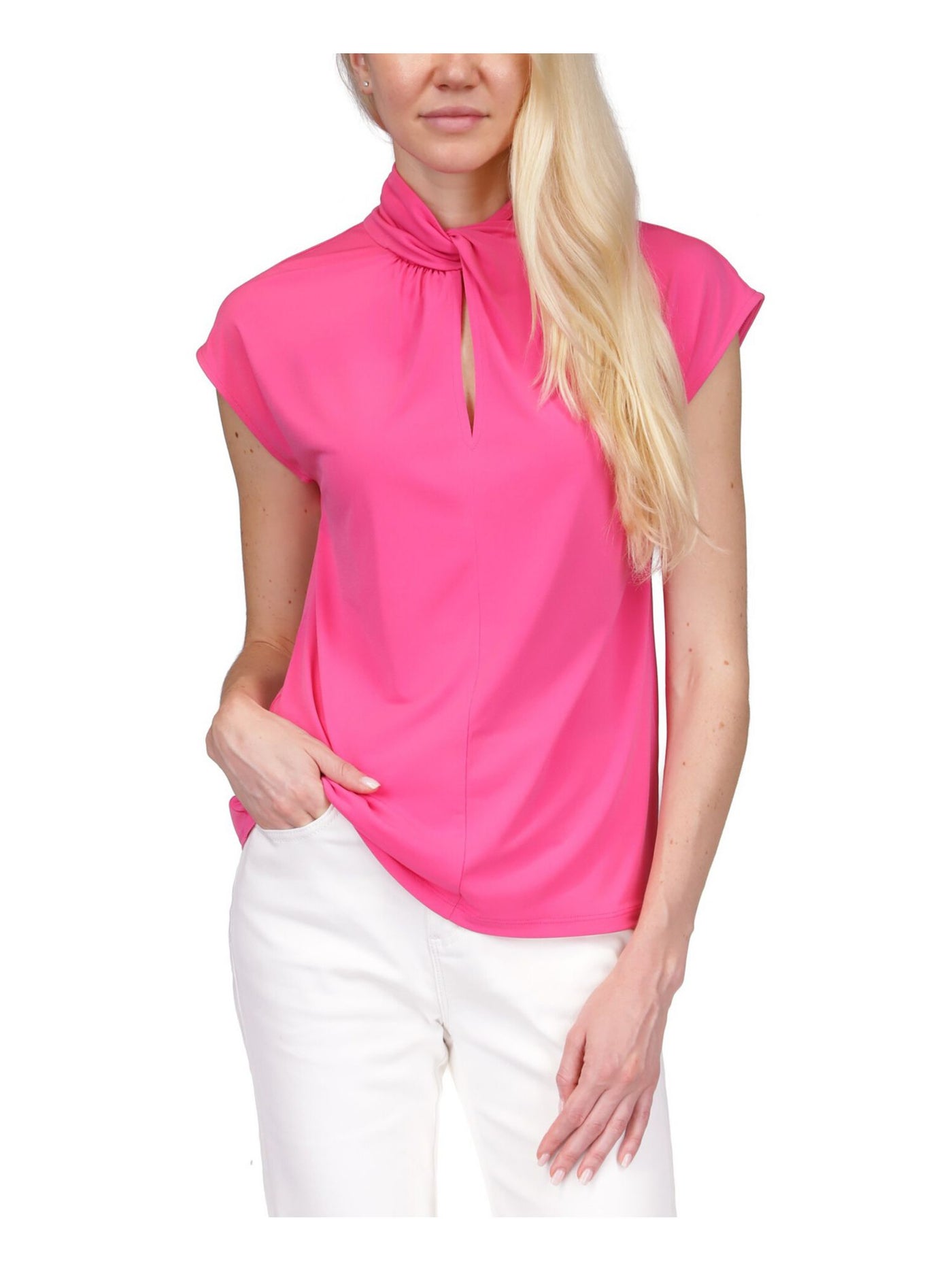 MICHAEL MICHAEL KORS Womens Pink Twist Front Zippered Unlined Keyhole Detail Cap Sleeve Mock Neck Wear To Work Top Plus 0X