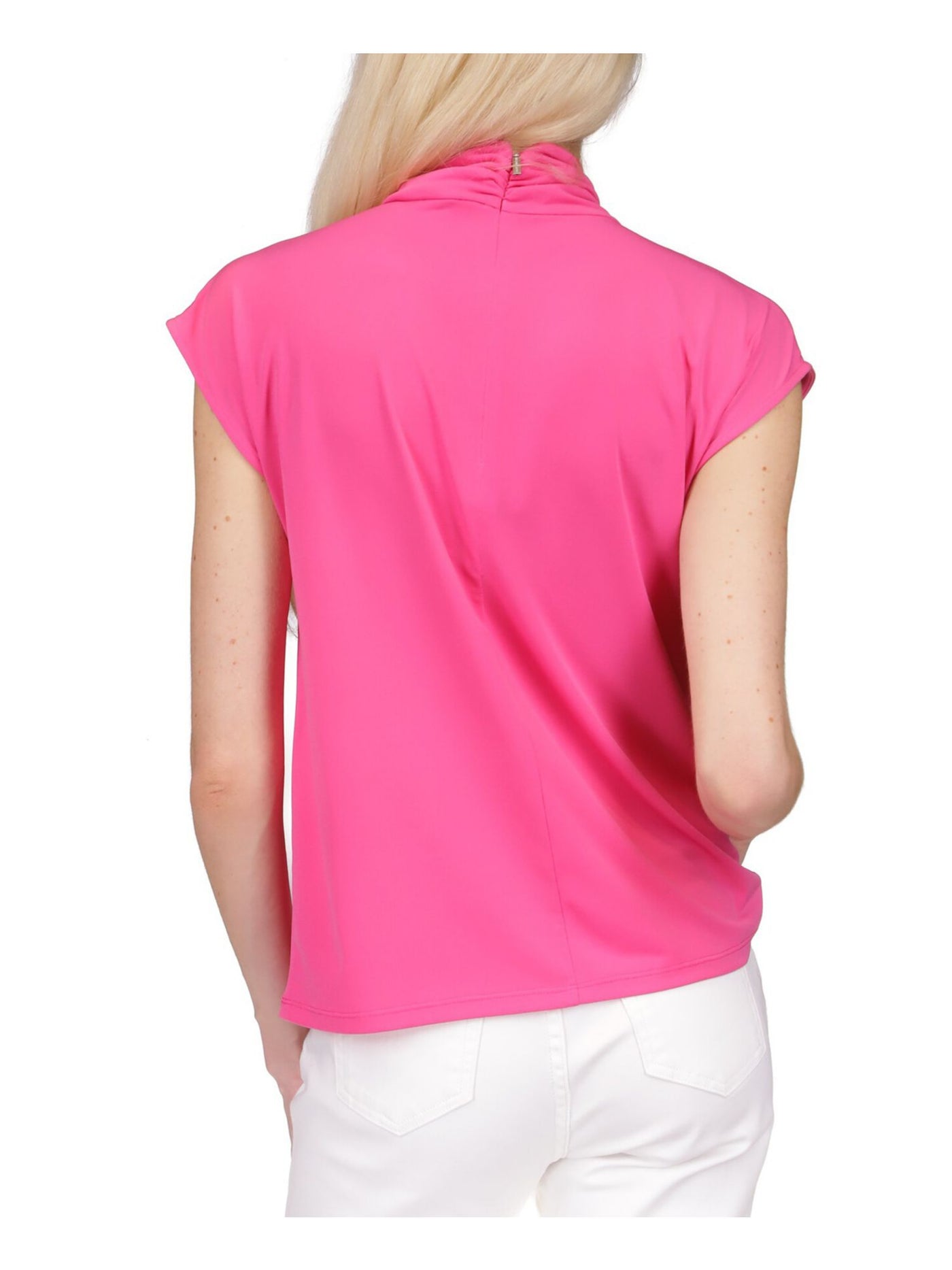 MICHAEL MICHAEL KORS Womens Pink Zippered Twist Front Unlined Keyhole Detail Cap Sleeve Mock Neck Top XS