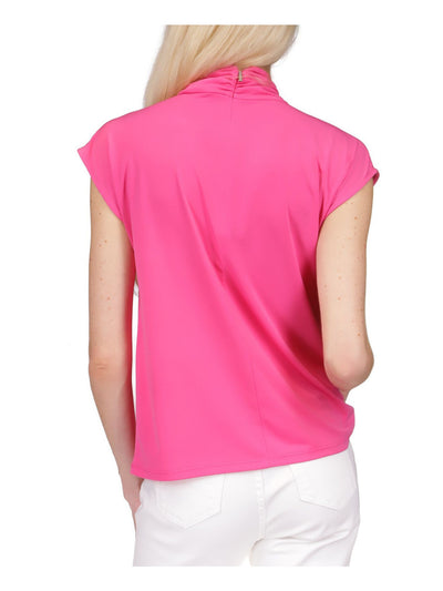 MICHAEL MICHAEL KORS Womens Pink Twist Front Zippered Unlined Keyhole Detail Cap Sleeve Mock Neck Wear To Work Top Plus 0X