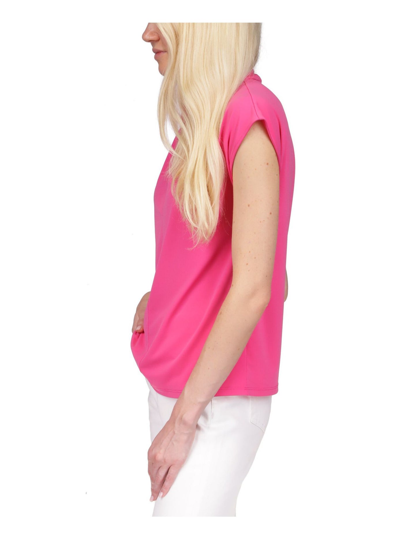 MICHAEL MICHAEL KORS Womens Pink Zippered Twist Front Unlined Keyhole Detail Cap Sleeve Mock Neck Top XS