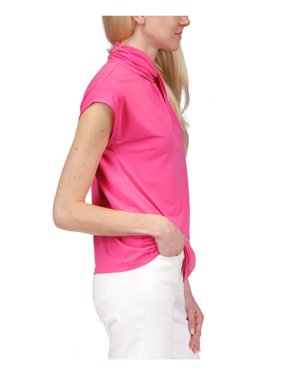 MICHAEL MICHAEL KORS Womens Pink Twist Front Zippered Unlined Keyhole Detail Cap Sleeve Mock Neck Wear To Work Top Plus 1X