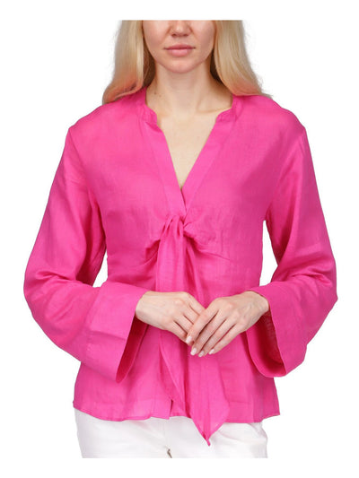MICHAEL MICHAEL KORS Womens Pink Unlined Sheer Tie Front Bell Sleeve Split Button Up Top XS