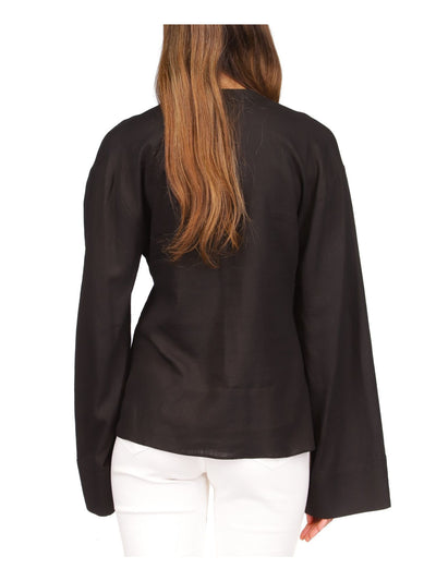 MICHAEL MICHAEL KORS Womens Black Unlined Sheer Tie Waist Curved Hem Bell Sleeve Split Button Up Top S