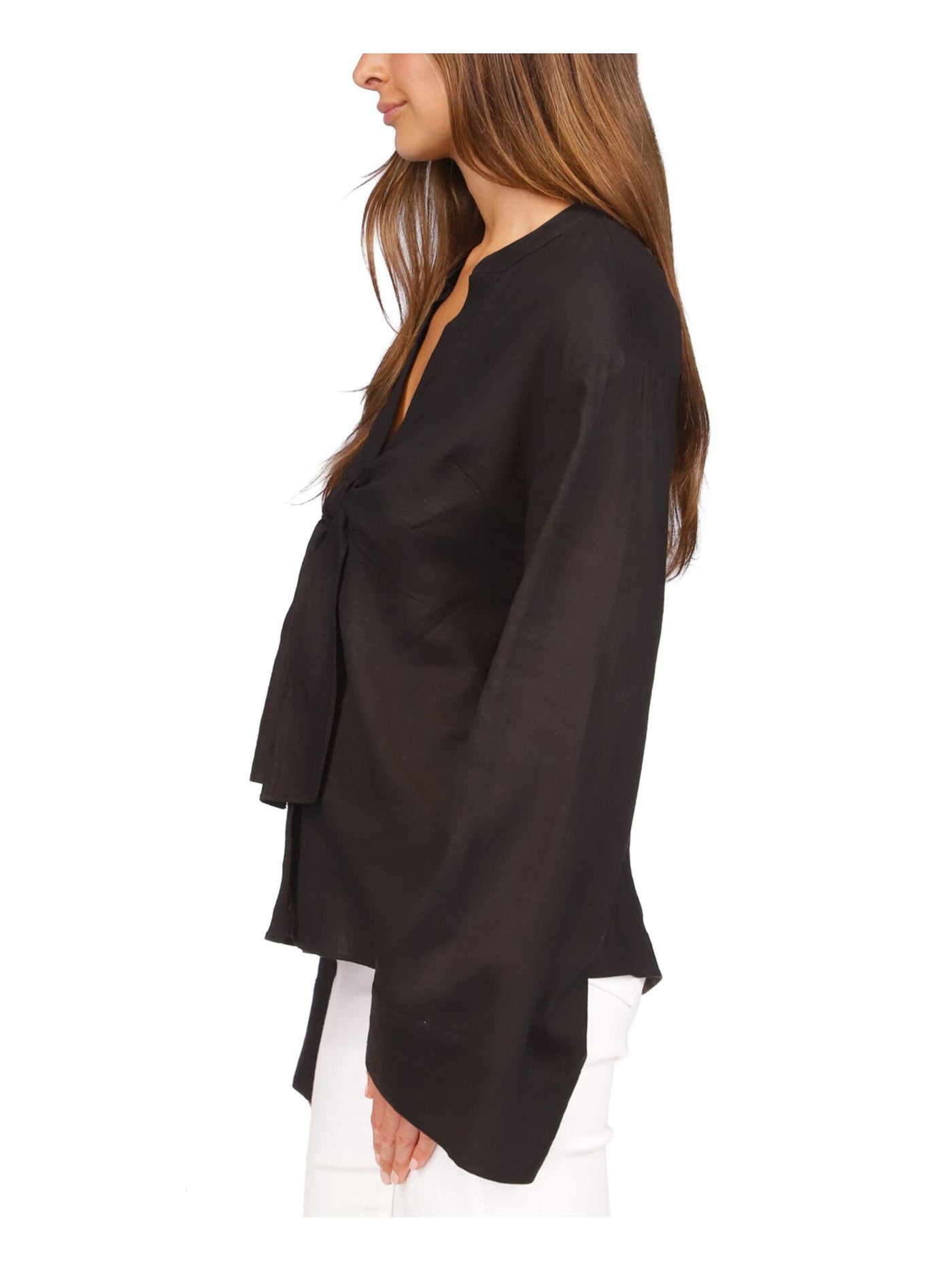 MICHAEL MICHAEL KORS Womens Black Unlined Sheer Tie Waist Curved Hem Bell Sleeve Split Button Up Top S