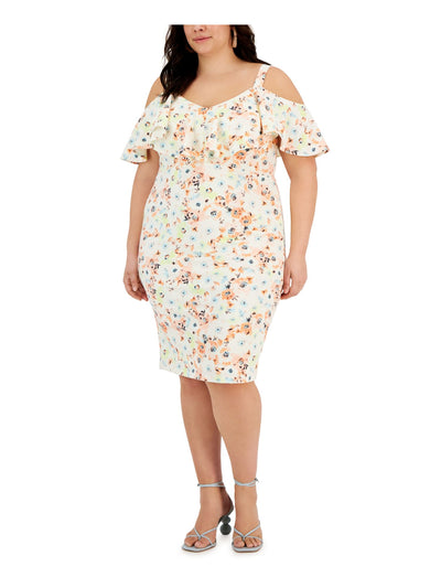 RACHEL RACHEL ROY Womens Ivory Cold Shoulder Ruffled Lined Zippered Floral Flutter Sleeve V Neck Above The Knee Wear To Work Sheath Dress Plus 20W