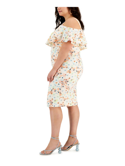 RACHEL RACHEL ROY Womens Ivory Cold Shoulder Ruffled Lined Zippered Floral Flutter Sleeve V Neck Above The Knee Wear To Work Sheath Dress Plus 20W