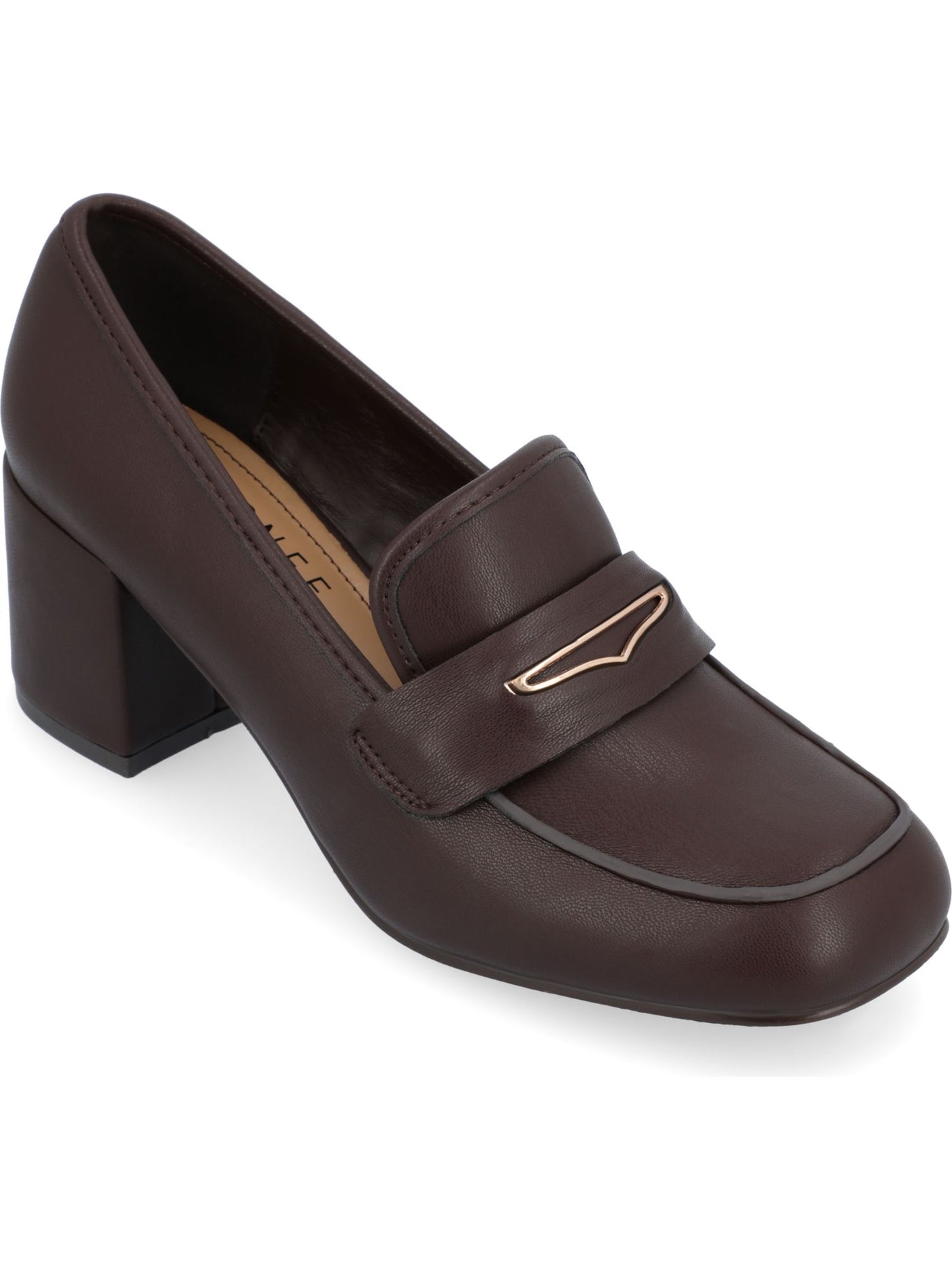 JOURNEE COLLECTION Womens Brown Hardware Accent Penny Strap Cushioned Liyla Square Toe Block Heel Slip On Heeled Loafers 8.5